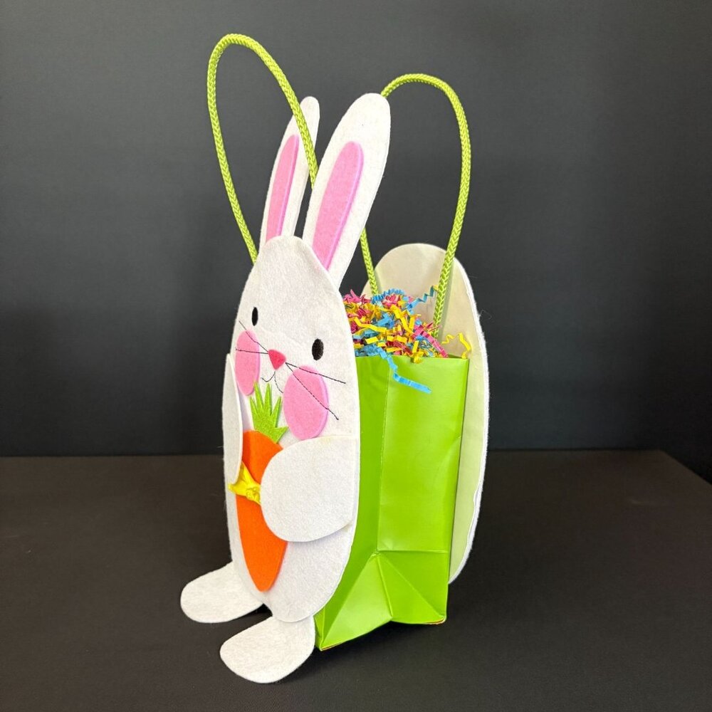 Easter Bunny Felt Gift Bag Basket Papyrus White Green Pink Carrot Egg Hunt Favor - Picture 3 of 7